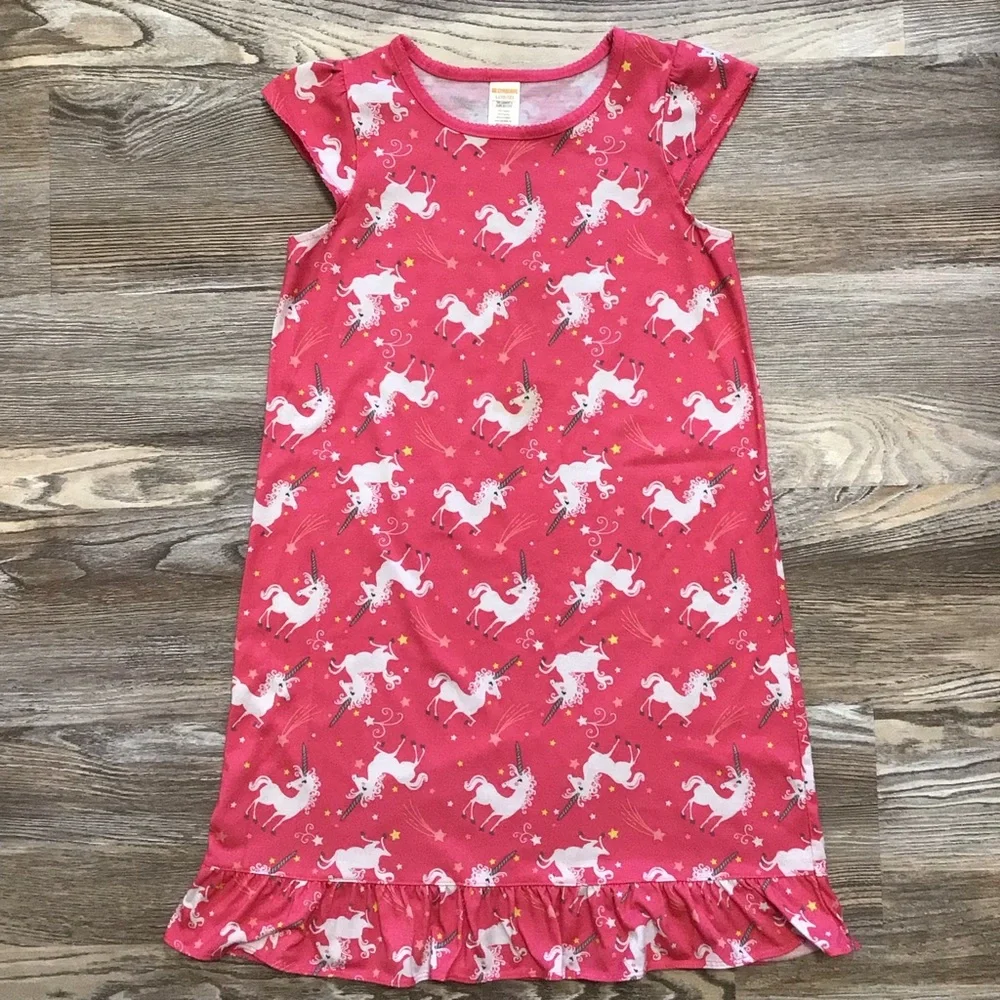 Gymboree Pink Unicorn Print Short Sleeve Ruffle Brushed Flannel Nightie Large